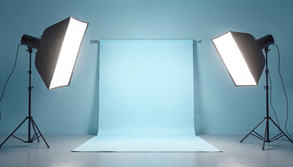 Minimalist studio setup with pro softboxes providing bright, even lighting for photography, video production. Clean blue backdrop for commercial shoots, portrait sessions, product.