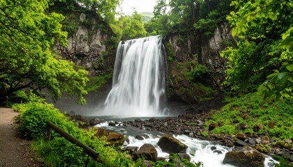 Obraz premium Vertical waterfall plunges down rocky cliff amid dense tropical greenery; boulders below enhance rugged terrain, showcasing dynamic water motion and pristine natural forest beauty.
