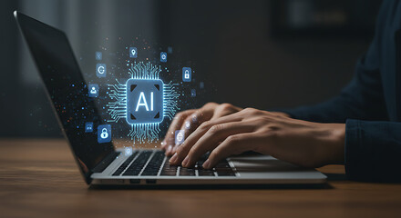 Artificial Intelligence in action: Person is typing on a modern laptop, digital AI concept icon in focus. Blending the realm of human interaction with advanced technological prowess.
