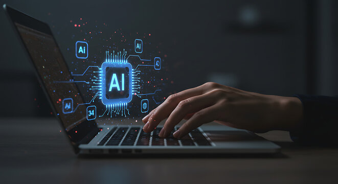 Digital Intellect: A close-up shot highlights a person's hands working diligently on a laptop, where digital art of AI symbol. showing the fusion of intellect and technology, shaping the future.