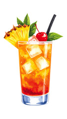 Watercolor Illustration of Mai Tai Cocktail with Tropical Garnish