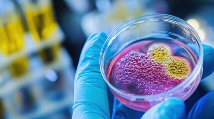 A hand in blue gloves holding a petri dish with a pink liquid and three yellow objects in it.