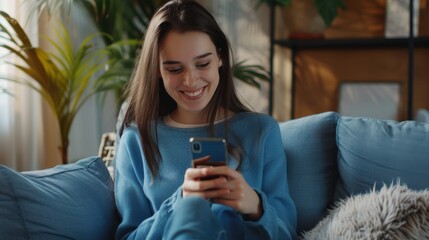 Fototapeta premium Happy girl checking social media while holding smartphone at home. Smiling young brunette woman using mobile phone app to play games, shop online, order delivery while relaxing on sofa. Scrolling.