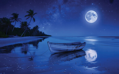 Tropical Beach at night in moon light with coconut tree or Palm Tree background over Ocean Waves with Scenic Seashore. Exotic Paradise Beach Landscape at Sunset Serene