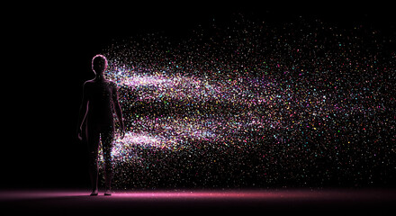 Silhouette and Particles: A poignant silhouette of a person stands amidst a breathtaking display of particles, creating a captivating image of introspection and reflection. 