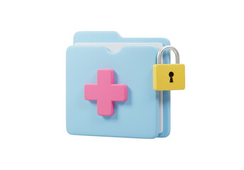 Fototapeta premium Blue folder with pink cross symbol and yellow padlock, isolated on transparent background