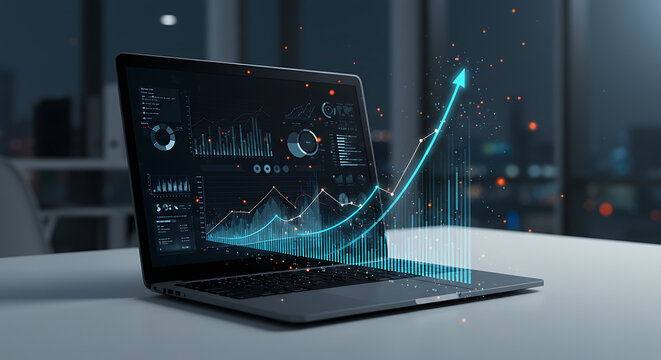 Data Visualization & Technological Evolution: A modern laptop showcases intricate data visualizations, including dynamic charts and graphs, symbolizing business growth, market analysis.