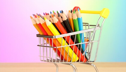 Mini shopping cart with yellow handle filled with neatly bundled colored pencils against a pastel gradient background&mdash;blending creativity, color, and playful repurposing of everyday objects.