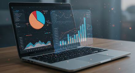 Digital Data on the Screen: A laptop displays dynamic data visualizations, illustrating market trends, financial strategies, and analytical insights.