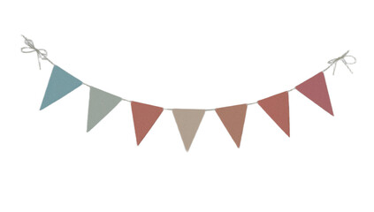 A string of colorful triangular flags, suspended and tied, against a white background.