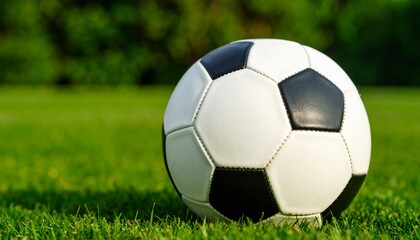 Fototapeta premium Classic black-and-white soccer ball resting on a grassy field with trees in the background—evoking outdoor play, athletic energy, and the universal appeal of the sport.