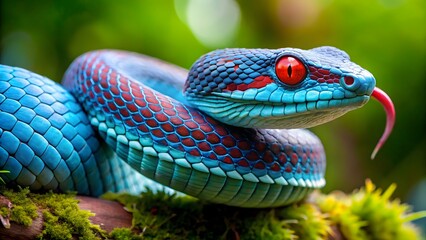Obraz premium Vibrant blue pit viper with striking red eyes in lush greenery