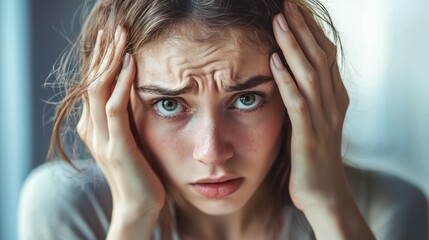 Fototapeta premium A young woman with wet hair, holding her head in her hands, looking distressed.