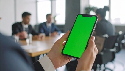 Person holds a smartphone with a green screen in a meeting, with blurred colleagues in the background.