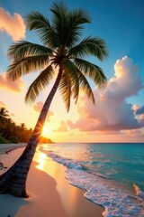 Majestic palm leaning over pristine beach, sunset glow , sunset, horizon, island