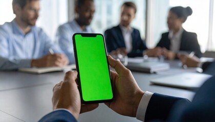A man holds a smartphone with a green screen during a meeting with diverse colleagues at a conference table.