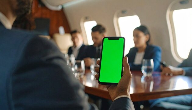 Man holding a smartphone with a green screen inside a private jet, with other business colleagues blurred in the background.