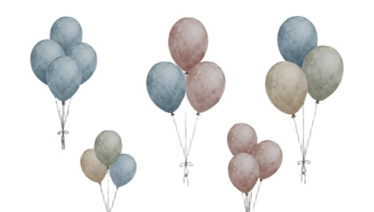 A watercolor illustration of muted-toned balloon clusters, floating against a white background.