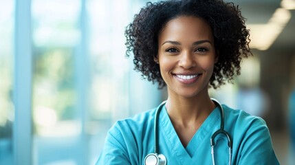 A smiling healthcare professional in blue scrubs with a stethoscope around her neck.