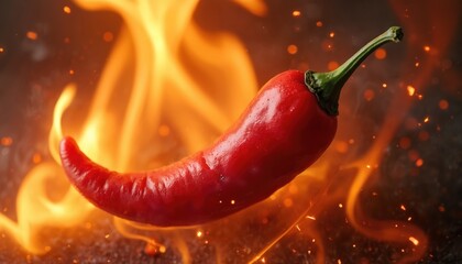 Vibrant red chili pepper engulfed in bright flames and glowing embers. Intense heat and spice symbolize fiery culinary experiences. Perfect ingredient for spicy dishes, cooking, and gastronomy.