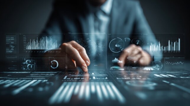 Ai Businessman working with modern interface Business analytics Big data technology and data science. Data flow concept.Business computing digital composite.