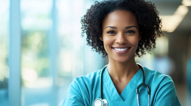 A smiling healthcare professional in blue scrubs with a stethoscope around her neck.