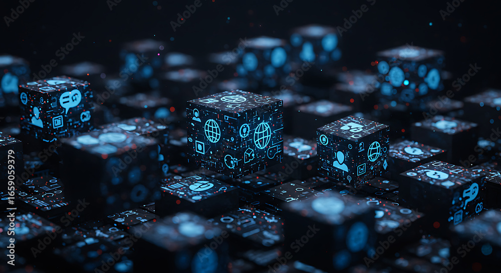 Wall mural tech cubes: a captivating array of tech cubes, each adorned with a minimalist, icon, set against a d