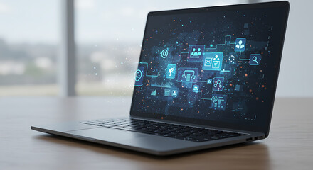 Technology on Display: A modern laptop showcases cutting-edge digital interface, emphasizing concepts of connectivity, technological innovation, and futuristic solutions.