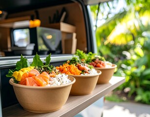 Fresh Salmon Poke Bowls Served from a Food Truck Window.