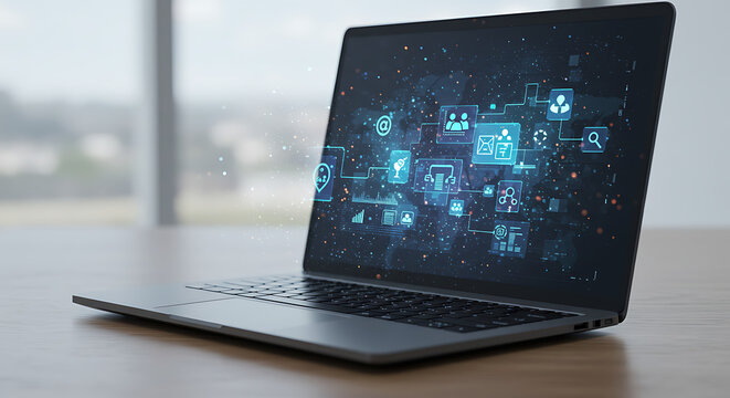 Technology on Display: A modern laptop showcases cutting-edge digital interface, emphasizing concepts of connectivity, technological innovation, and futuristic solutions.