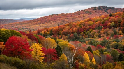 Vibrant autumn foliage blankets rolling hills under a dramatic cloudy sky