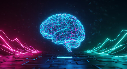 Cybernetic Brain: A futuristic visualization of a glowing brain set against a backdrop of digital wave forms, representing the cutting edge of technological and scientific advancement. 