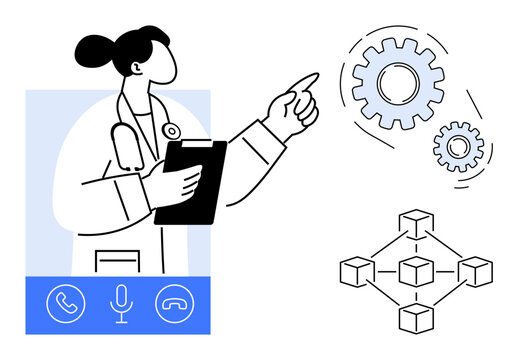 Medical professional holding clipboard, pointing at interconnected gears and a network diagram. Ideal for telemedicine, healthcare, innovation, technology, communication, workflow optimization