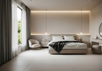 Serene and modern bedroom with elegant lighting and plush furnishings