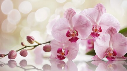 Fototapeta premium Pink orchid flowers with green leaves on a white background.