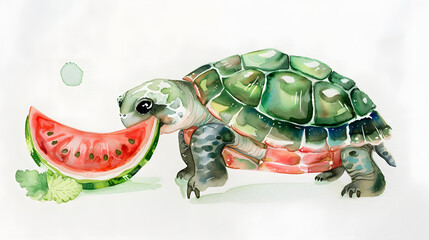 watercolor painting cute baby turtle eating a watermelon