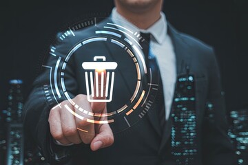 Businessman s finger points to a glowing digital trash can icon representing data deletion or digital waste management