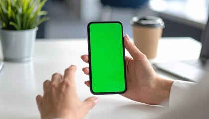 A woman's hands hold a smartphone with a green screen, positioned on a white desk with a plant and coffee cup in the background.