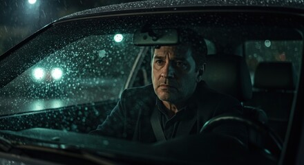 A Troubled Man's Solitary Drive Through a Rain-Swept City Night