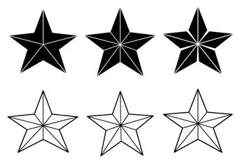 Collection of six star shapes, three solid black and three outlined, isolated on transparent background