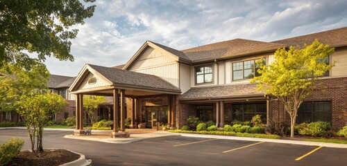 Exterior of modern assisted living facility featuring covered entrance and wellmaintained landscaping on a sunny day, creating a welcoming and comfortable atmosphere.