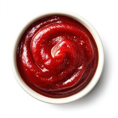 Close-up of tomato ketchup in white bowl with silky texture and vivid color