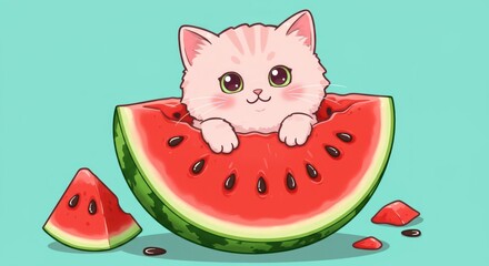 Adorable Kawaii Pink Kitten with Big Green Eyes Peeking Out of a Juicy Watermelon Slice