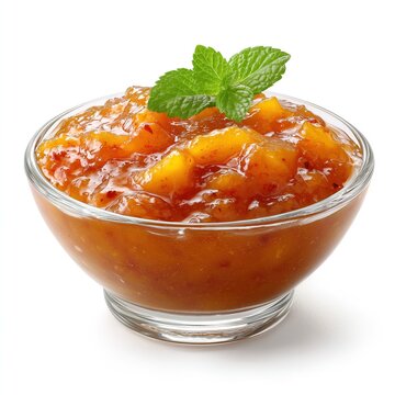 Fresh mango chutney in glass bowl with mint garnish