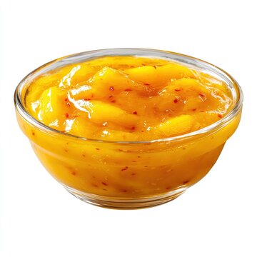 Spicy mango chutney in glass bowl on white background