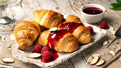 Freshly baked croissants topped with raspberry jam, garnished with almonds and berries on a rustic table - Powered by Adobe