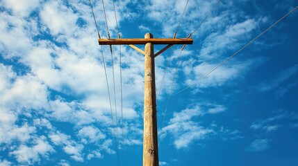 A wooden telephone pole with power lines against a blue sky with white clouds.