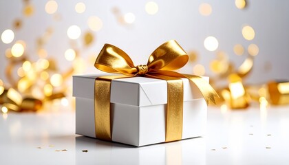 Gift with Gold Ribbon on a White Background 