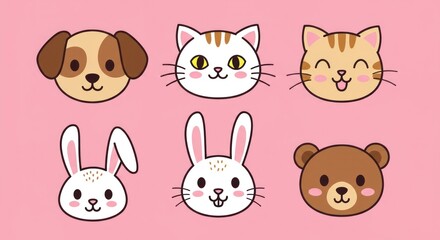 Obraz premium Cheerful Kawaii Animal Faces Collection: Cute Dog, Cat, Rabbit, and Bear Illustrations on a Sweet Pink Background.