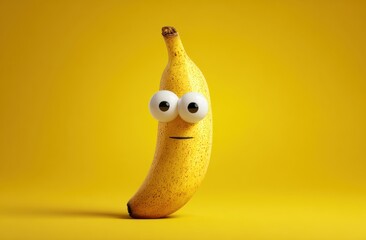 Humorous and adorable banana with googly eyes and a playful expression on a vibrant yellow background